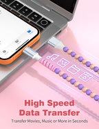 USB A to USB C Cable 6FT,Beaded Charger Cord for iPhone 17 16 Pro Max 16e 15 Car play,TypeC Cute Car Charger Cord for iPad 10 11th A16/Samsung S26 S25 S24 S23 S22/Android Phone Girls Women,Pink Purple