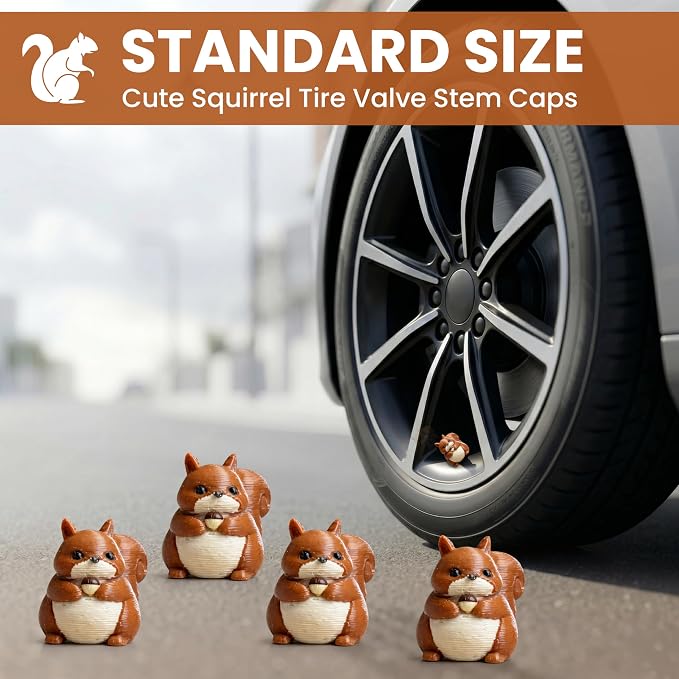 Squirrel Tire Valve Stem Caps – Cute Squirrel with Acorn Valve Caps for Car, Bike, Truck, Motorcycle – Funny Animal Tire Caps Set – Universal Schrader Valve Covers Accessories
