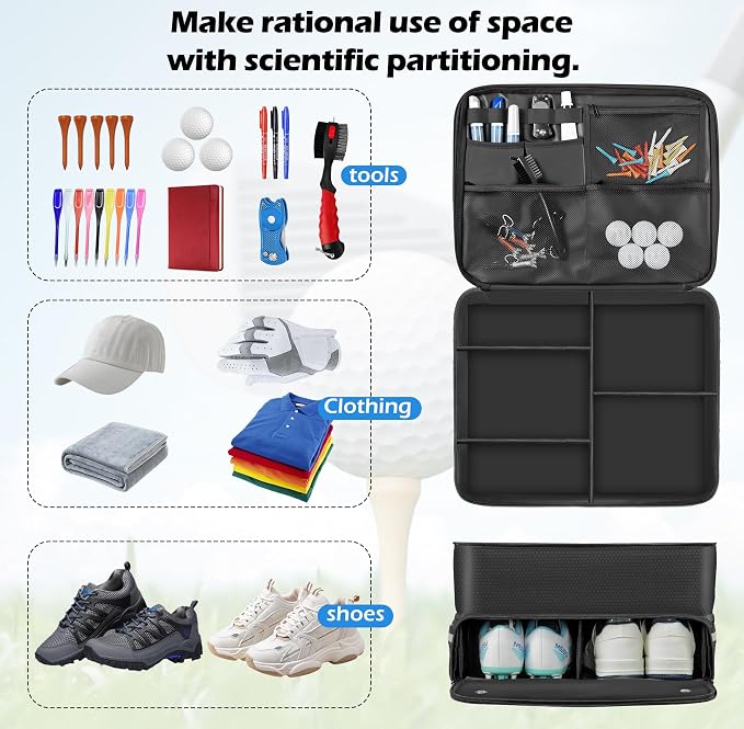 for Golf Trunk Organizer, Car Trunk Locker with Separate Ventilated, Multi-Compartment fits 2 Pairs of Shoes, Storage for Balls, Tees, Cap, Clothes, Gloves, Gifts for Golfers
