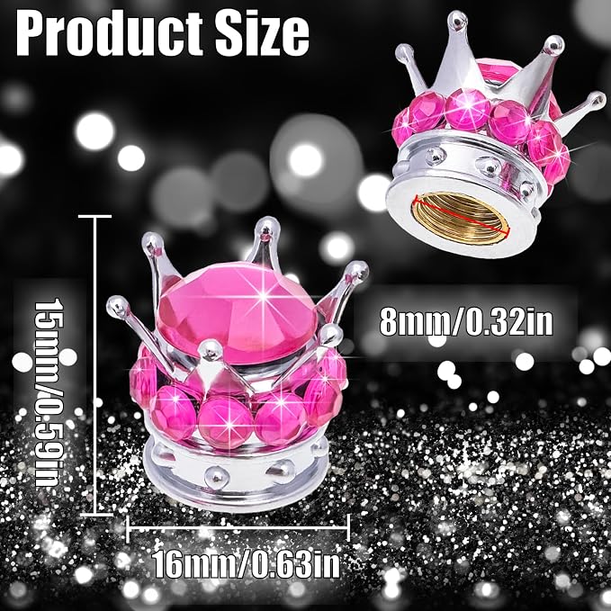 4PCS Crown Bling Tire Stem Valve Caps, Crystal Diamond Car Wheel Tire Valve Caps Universal Copper Core Stem Covers for Cars, SUV, Trucks, Bikes, Motorcycles, Bicycles (Silver & Rose Red)
