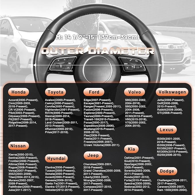Steering Wheel Cover for 14.5-15 inch Wheels, Breathable PU Leather with Perforated Sides, Anti-Slip Grip, Universal Fit for Cars & SUVs, Black and Orange