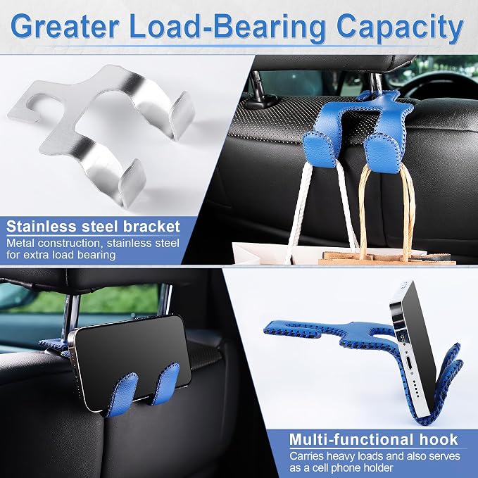 Upgraded Superior Leather Car Seat Back Headrest Hook, 2 in 1 Auto Seat Hook Hangers Holder Organization Interior Accessories for Purses Coats Umbrellas Grocery Bags Handbag (Blue)