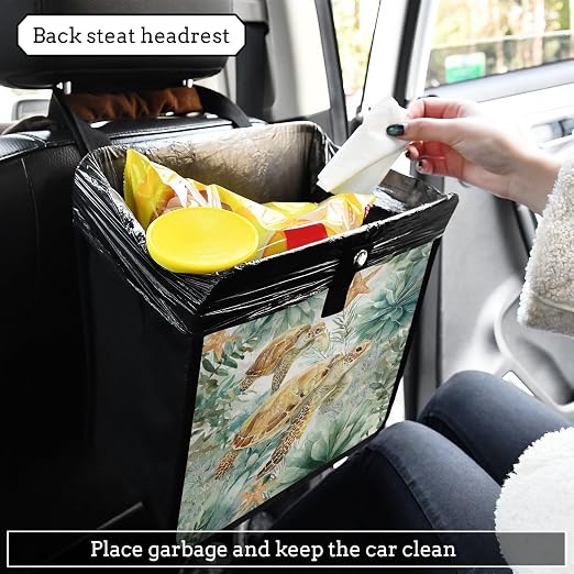 Car Trash Can Organizer Bin with Adjustable Strap for Back Front Seat Console Waterproof Leakproof Collapsible Portable 11 Inch Sea Turtle Starfish Plants