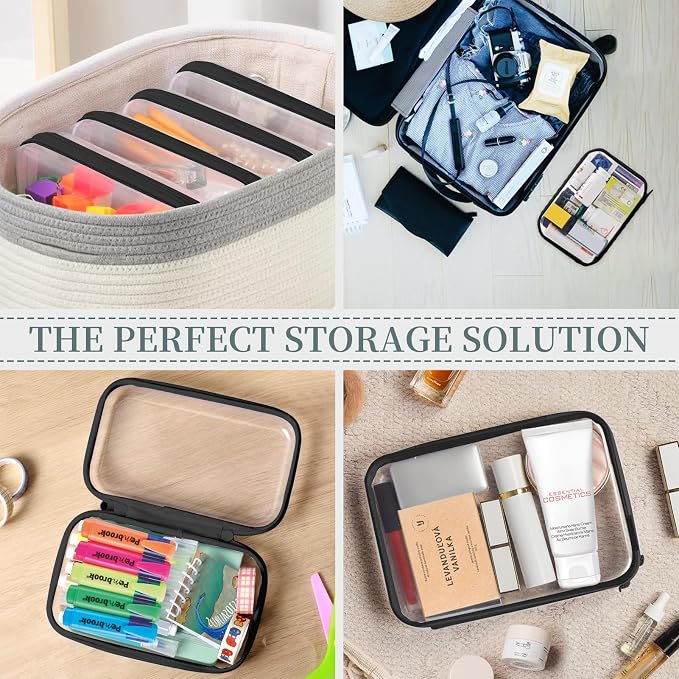 3 Pack Clear Hard Shell Zipper Case, Clear Zipper Pouches Waterproof Makeup Organizer & Travel Toiletry Bag, Plastic Pouch for Travel Office Storage, Black Medium Size