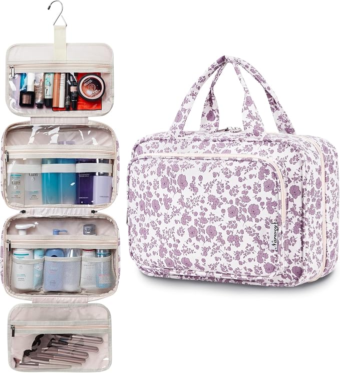 Travel Toiletry Bag for Women Large Hanging Makeup Bag Organizer Toiletries Bag for Full Size Essentials Accessories Cosmetics (Dusty Pink Flower (Large))