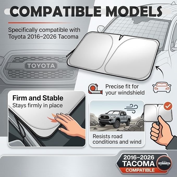 Car Windshield Sun Shade Foldable Compatible with Toyota 2016-2026 Tacoma,2026 New Sun Shade for Car Windshield,57.5×26.4 Inch Windshields Cover Suns Shades Cars Accessories