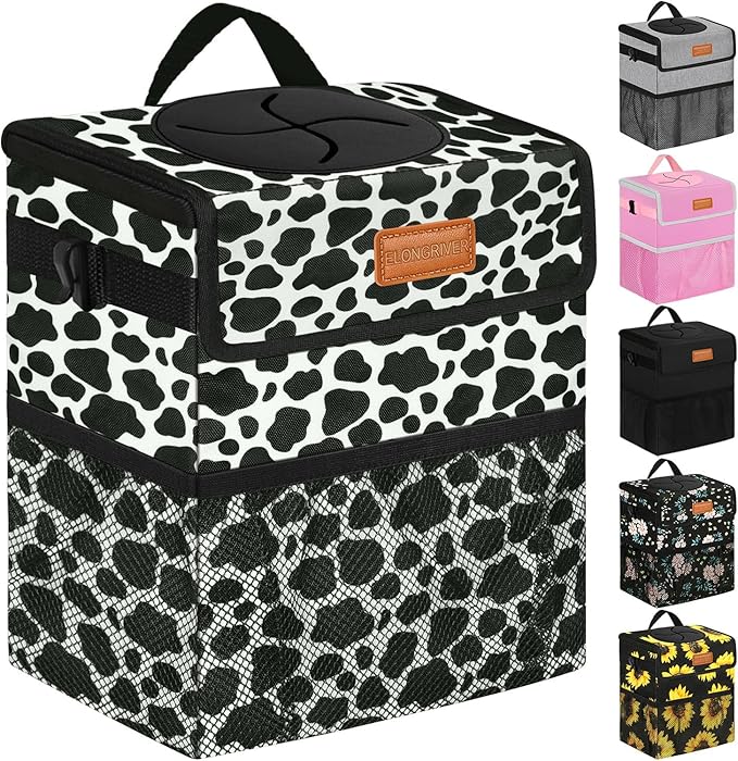 Car Trash Can Bin for Back Seat Leak Proof, Cute Car Trash Bag Hanging, Vehicle Trash Can for SUV Truck Van, Automotive Garbage Cans Front Seat Cow Print