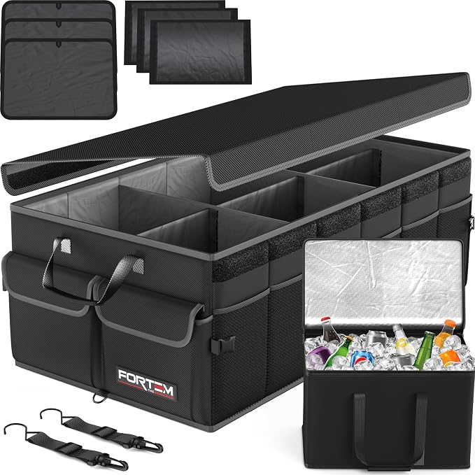 Trunk Organizer with Cooler For SUV Car Trunk, Foldable Storage, Car Accessories for Women Men, Collapsible Bag, 600D Oxford, Non Slip Bottom, Straps, Soft Cover (105L)