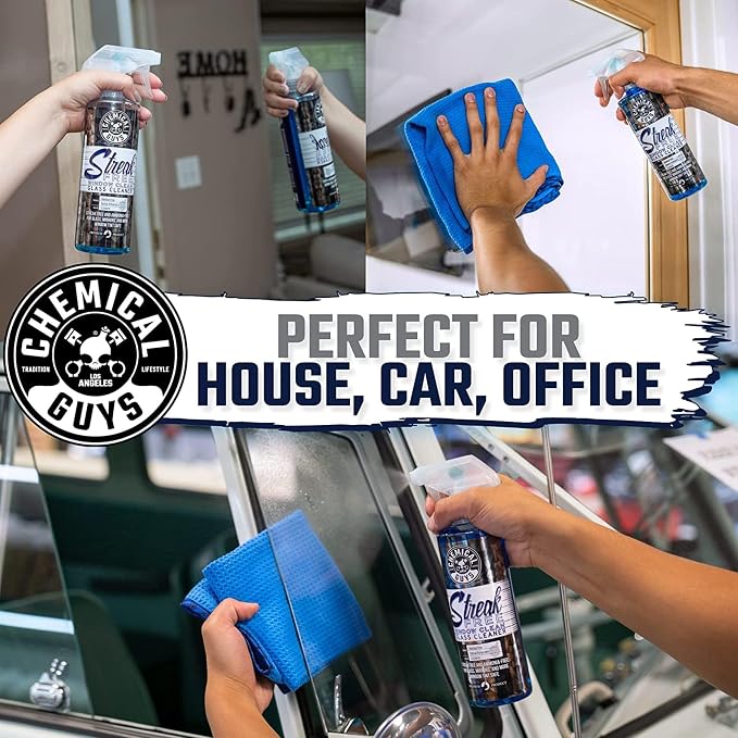 Streak Free Window Clean Auto Glass Cleaner Bundle with Waffle Weave Microfiber Towel, Ammonia Free Spray Safe for Tinted Windows, Mirrors, Touchscreens and Plastics, 16 fl oz
