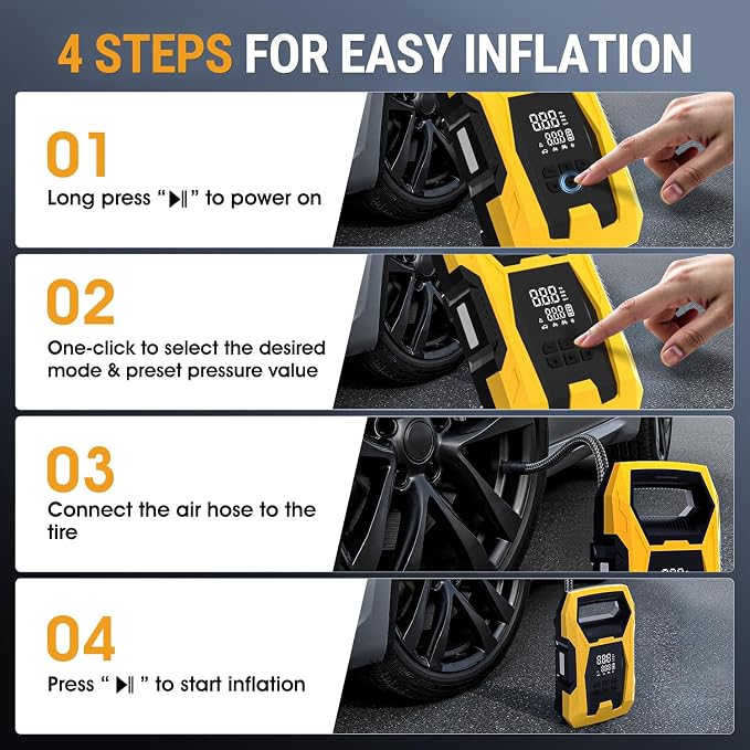 Cordless Tire Inflator Portable Air Compressor, 150 PSI Portable Air Pump for Car Tires with Digital Dual Values Display, Tire Pump for Car, Bike, Motorcycle, Ball (with 7800mAh Battery)