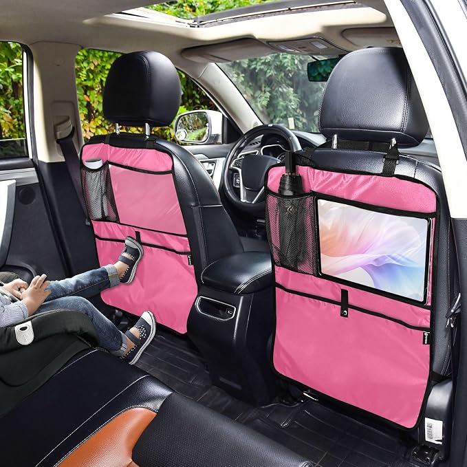 Neon Pink Car Seat Organizer for Kids Backseat Kick Mat with Adjustable Strap Seat Back Cover for Cars SUV Vehicle 2 Pcs