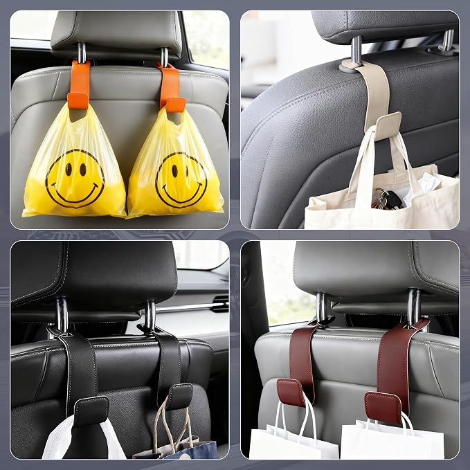 Leather Car headrest Hook for Purses and Bags (Brown, 2pcs) | Leather wrap hook with Larger strap holder, friendly to your leather purse. Strong load up to 44lbs.