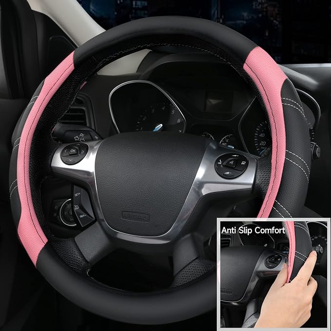 Microfiber Steering Wheel Cover and Waterproof Car Floor Mats,Leather Universal Car Combo Fit for 95% Truck,SUV,Cars,14.5-15inch Sporty Anti-Slip Safety Comfortable Design(Black and Pink)