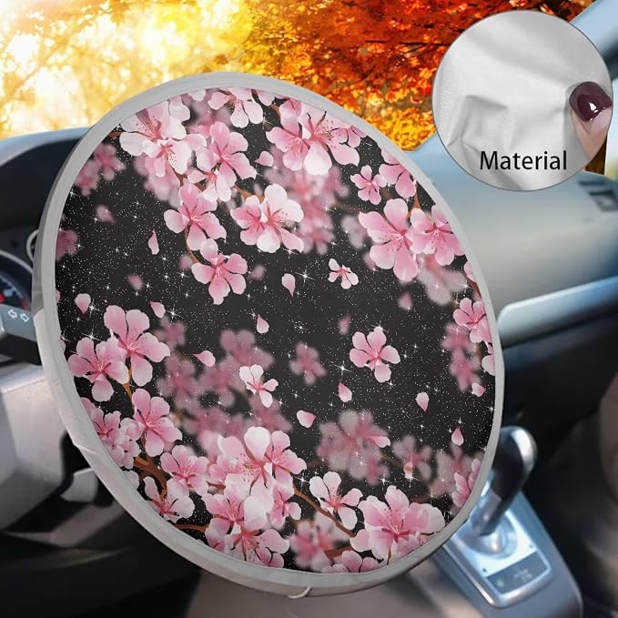 Pink Cherry Blossom Steering Wheel Cover Sun Shade 17 inch Cooling Steering Wheel Cover for Summer Anti-Heat Sun Block Car Steering Wheel Accessories for Women Universal Fit