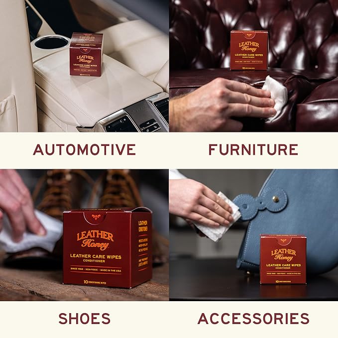 Conditioner Wipes: Restore Leather On-The-Go. Protect & Condition Any Color of Leather Couches, Car Seats, Purses, Shoes, Bags & Tack. Made in the USA! 10 Non-Toxic, Ready-to-Use Wipes