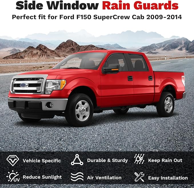 F150 Rain Guards - Window Visors for 2009-2014 Ford F150 SuperCrew Cab, Outside-Mount Tape-On Side Window Wind Deflectors for 09-14 F-150 Accessories, Vent Visors Shades Rainproof 4PCS