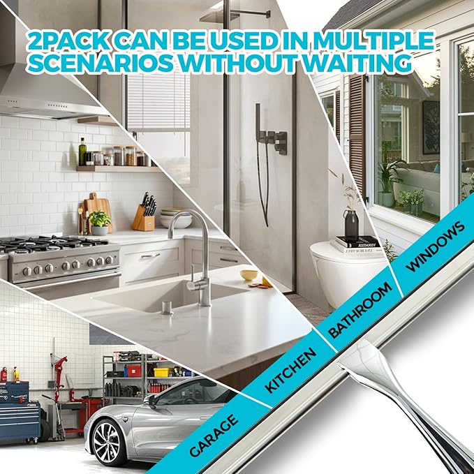 2pcs Shower Squeegee for Glass Doors with Adhesive Hanging Hook Set | 9.9” silver, bathroom accessories, window cleaner, new home essentials, soft rubber blade, metal handle, ergonomic grip