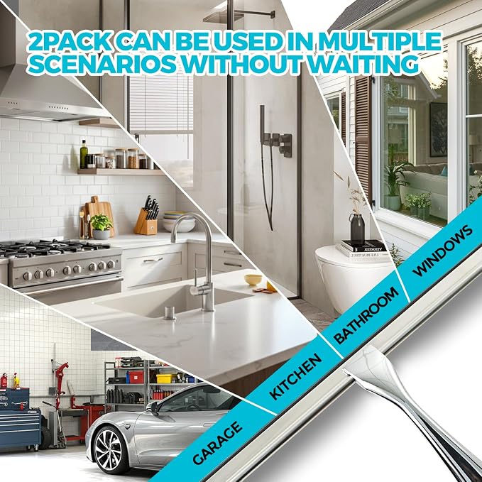 2PACK Shower Squeegee for Glass Doors, Squeegee for Shower Glass，All-Purpose Tile Walls, Bathroom, Window, Glass and Car Windshield, Mirrors and Kitchen-Stainless Steel, 10 Inches, Silver