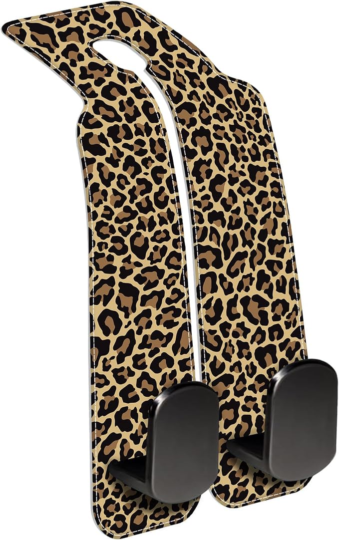 Purse Hook for Car Abstract Brown Leopard 1 Pack Headrest Back Seat Hook Premium Leather Double Metal Hanger Storage Pack Bag Purse Holder Car Accessories