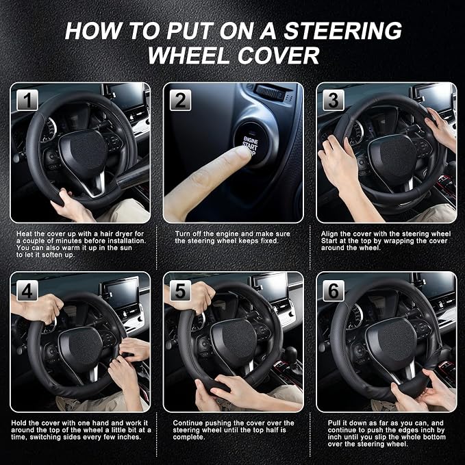 Steering Wheel Cover for 14.5-15 inch Wheels, Breathable PU Leather with Perforated Sides, Anti-Slip Grip, Universal Fit for Cars & SUVs, Black