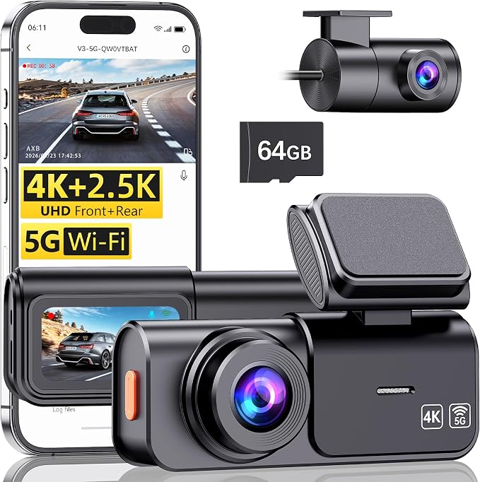 Dash Cam Front and Rear: 4K+2.5K Dashcam with 5G WiFi APP Control & 64GB Card - Dual Dash Camera for Cars with 24H Parking Mode Night Vision Loop Recording Emergency Lock (V3)