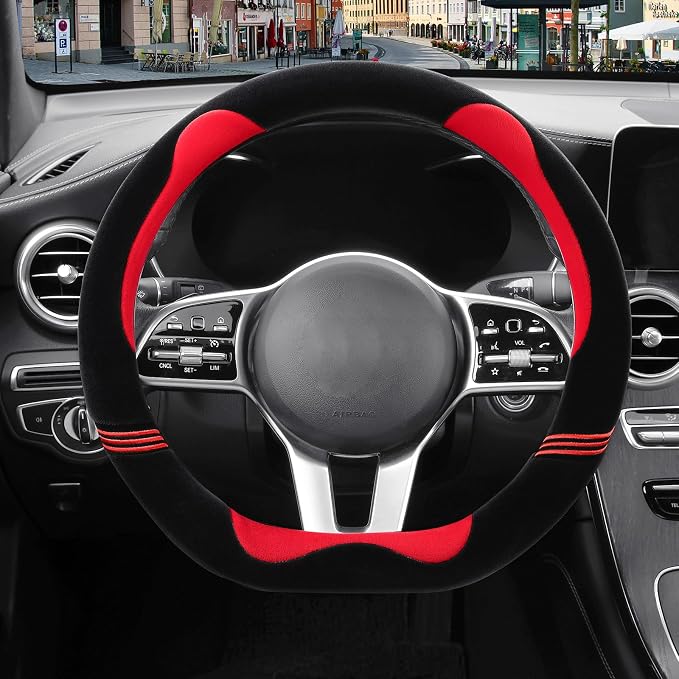 Furry Cute Soft D Shaped Steering Wheel Cover 14 inch Black Red | Fluffy Short Plush Car Accessories, Non-Slip Cold-Proof Sweat-Proof Colorfast, Small 13.5 inch to 14 inch