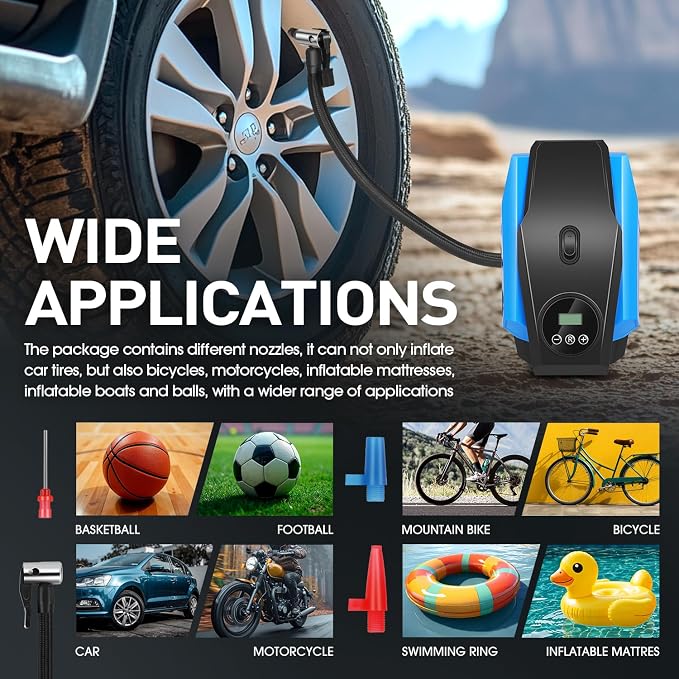 Tire Inflator Portable Air Compressor, 12V DC Air Pump for Car Tires, Bike, Motorcycle, Ball, Electric Bike Tire Pump with Pressure Gauge, LED Light, Auto Shut Off, Blue, TOOLS-00679-BL