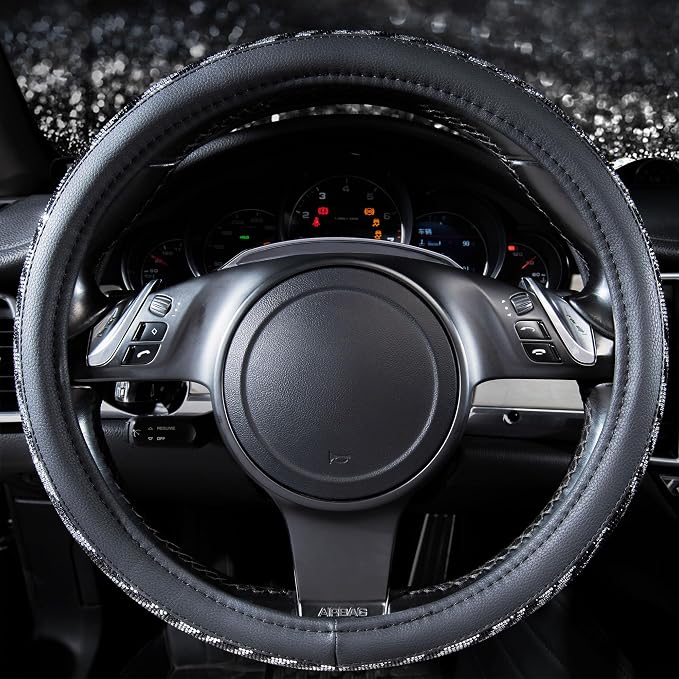 Bling Diamond Leather Steering Wheel Cover, with Bling Sparkly Crystal Glitter Rhinestone Universal Fit 14" 1/2-15" Car Wheel Protector Fit for Women Girl SUV,Vans,Sedans,Trucks, Zebra Print