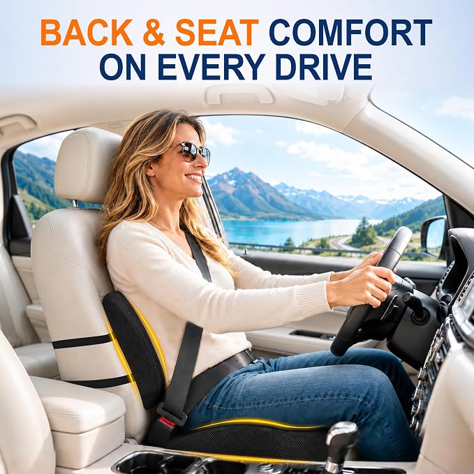 Car Seat Cushion and Lumbar Back Support Pillow Set for Driving | Memory Foam Car Seat Cushions, Back Support for Car, Car Cushion for Height, Pressure Relief for Trucks, Office Chairs, Black