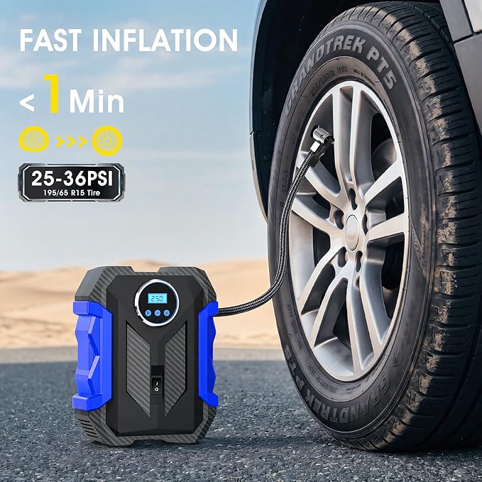 Digital Air Compressor for Car Auto Pump Portable Tire Inflator with LED Light DC 12V, Blue