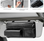 Car Sun Visor Organizer, Scratch-Resistant Auto Visor Glasses Storage Bag with Multi-Pocket Net Zipper, Waterproof Leather Sunshade Organizer Card Holder for Most Vehicles (Black)