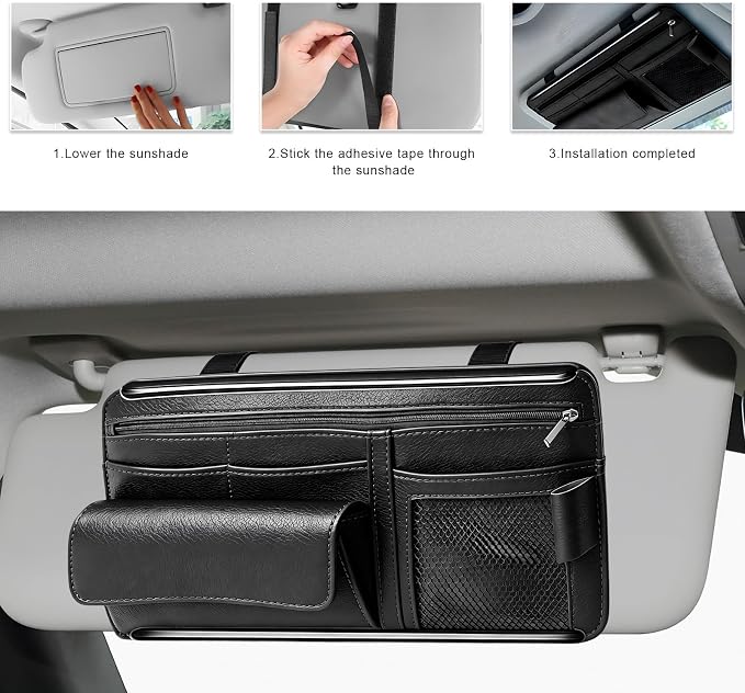Car Sun Visor Organizer, Scratch-Resistant Auto Visor Glasses Storage Bag with Multi-Pocket Net Zipper, Waterproof Leather Sunshade Organizer Card Holder for Most Vehicles (Black)
