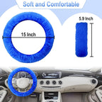 3 PCS Fluffy Steering Wheel Cover Set, 15'' Furry Car Wheel Cover, 2 Seat Belt Shoulder Pads, Anti-Slip Fur Steering Wheel Cover, Winter Warm Fluffy Car Accessories for Women, Blue