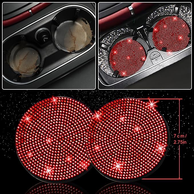 27 PCs Red Bling Car Accessories Set for Women, Steering Wheel Covers Universal Fit 15 Inch, Bling License Plate Frame, Bling Phone Holder, Bling Car Coasters (Red Diamond)