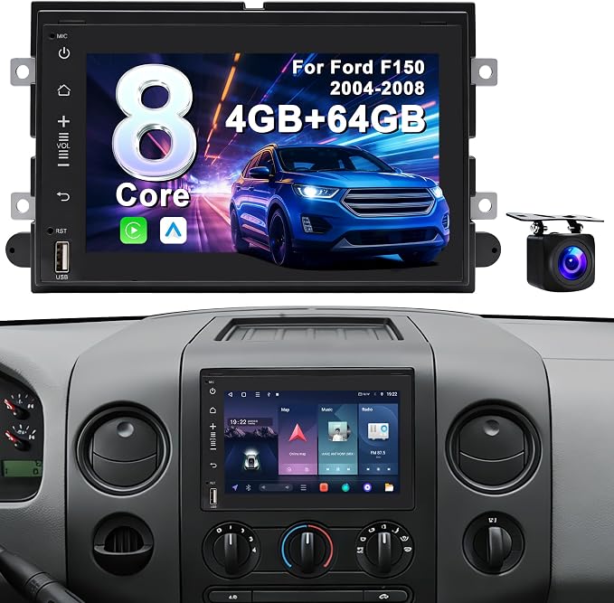 8 Core 4G+64G Car Radio for Ford F150 2004-2008: CarPlay Android Auto | Upgrade Android 15, BT, WiFi 6, GPS, AM, FM, RDS, 36EQ, SWC, 1080P Backup Camera