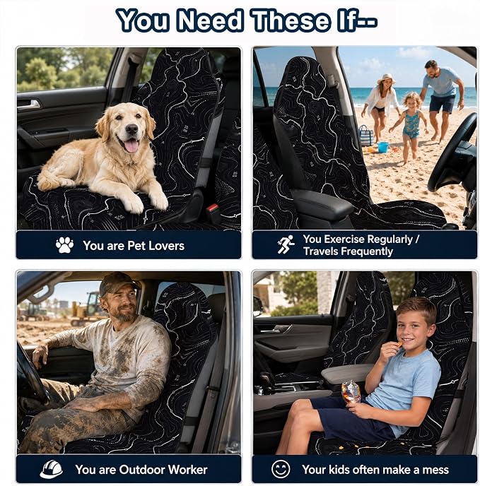 Car Seat Towel Cover 2 Pack for Front Seats, Sweat Absorbent Car Seat Protector with Non-Slip Backing, Waterproof Towel Car Seat Covers for Runners, Gym, Swimming, Beach, Pets, Trail Map