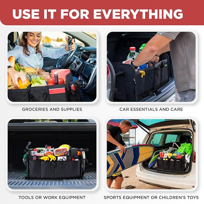 Car Organizers and Storage Premium Adjustable Multi Compartments Car Storage Organizer | Portable and Foldable SUV Trunk Organizer for Car (Standard Size, 20.86"L x 13.4"W x 10"H )-Black