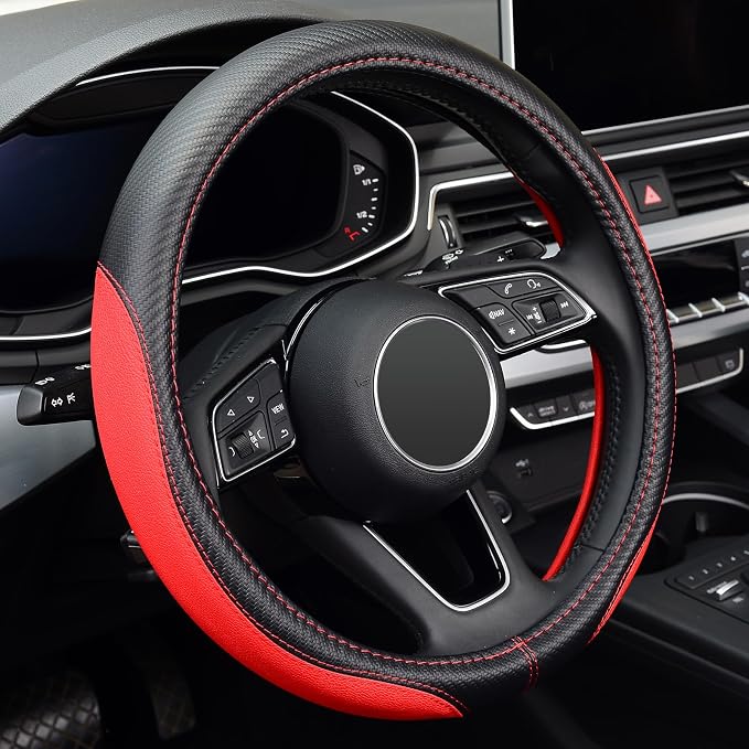 Microfiber Leather Auto Car Steering Wheel Cover, Universal 15 Inch Anti-Slip Wheel Protector, Red