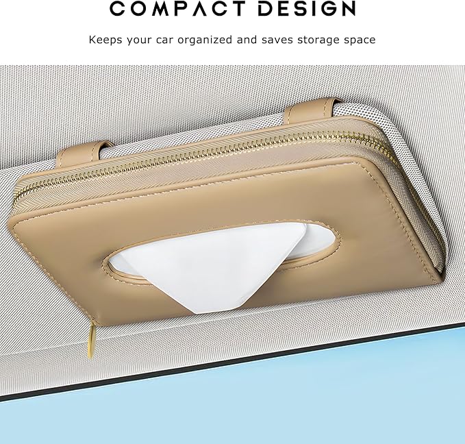 Car Tissue Box, Leather Auto Sun Visor Napkin Case Tissue Case Holder with Zipper, Sunvisor Paper Towel Storage Box Napkin Organizer for Most Vehicles, Car Accessories (Beige)