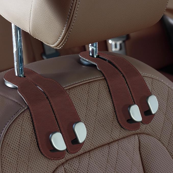 CoBak Purse Hook for Car - Universal Premium Stitched Leather and Aluminum-Magnesium Alloy Double Car Seat Back Storage Hook for Purses, Handbags, Bags (2 Pack),Wine Red
