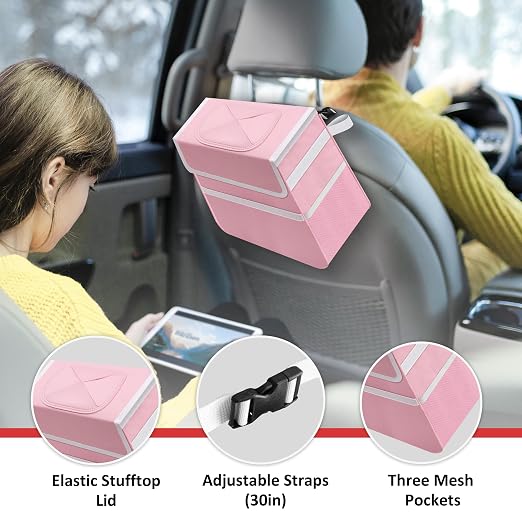 2 Gallon Car Trash Can Lid and Storage Pockets, Leak-Proof Collapsible and Portable Organizer, Multipurpose Garbage Bin with Adjustable Straps, Pink