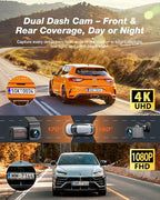 4K Dash Cam Front and Rear, WiFi 6 Dash Camera for Cars, 4K+1080P Dual Dash Camera with APP Control, Night Vision, WDR, G-Sensor, Loop Recording, 24H Parking Mode, Voice Prompt