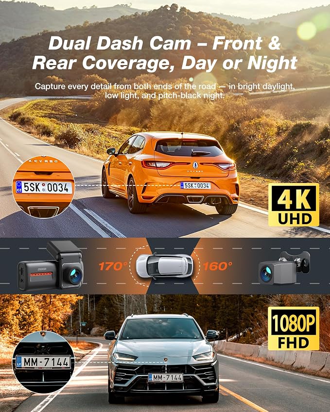 4K Dash Cam Front and Rear, WiFi 6 Dash Camera for Cars, 4K+1080P Dual Dash Camera with APP Control, Night Vision, WDR, G-Sensor, Loop Recording, 24H Parking Mode, Voice Prompt