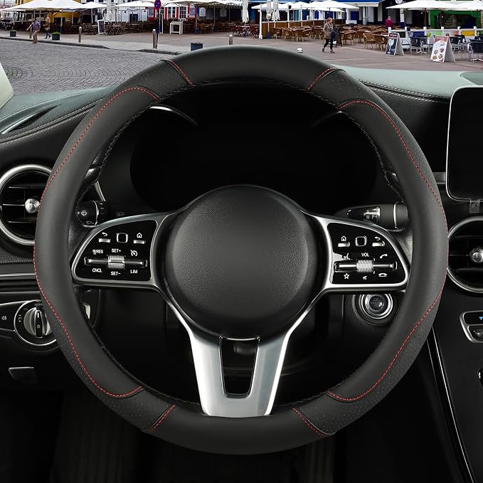 Black Microfiber Leather Steering Wheel Cover 14 inch | Breathable Anti Slip Grip Cool Sporty Look Glow for Women Men
