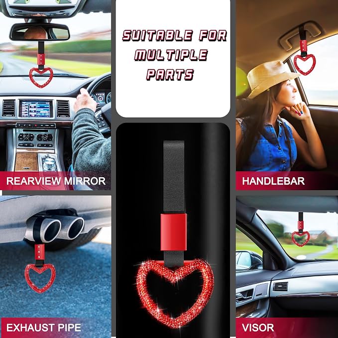 Bling Car Accessories Bling Heart Handle Ring Car Accessory for Women Hand Strap Drift Charm Rear Bumper Warning Ring Decor for Auto Bus Interior Exterior Decoration (Red, Heart Style)