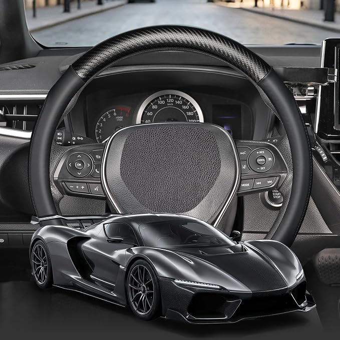 Car Steering Wheel Cover Standard Medium Size 14 1/2-15 inch, Non-Folding Packaging, Heavy Duty, Non-Slip, Black Microfiber Leather with Carbon Fiber Pattern