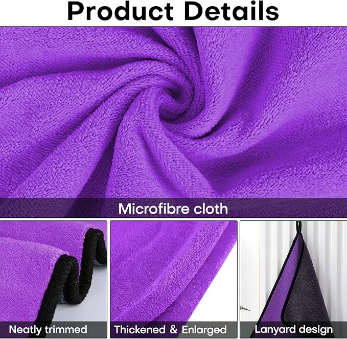 3PCS Car Microfiber Towels, 23.62"×11.81" Lint-Free Microfiber Towels for Cars Wash Drying, Super Absorbent Cleaning Cloths, Reusable Washing & Detailing Towel, Car Cleaning Supplies (Purple)
