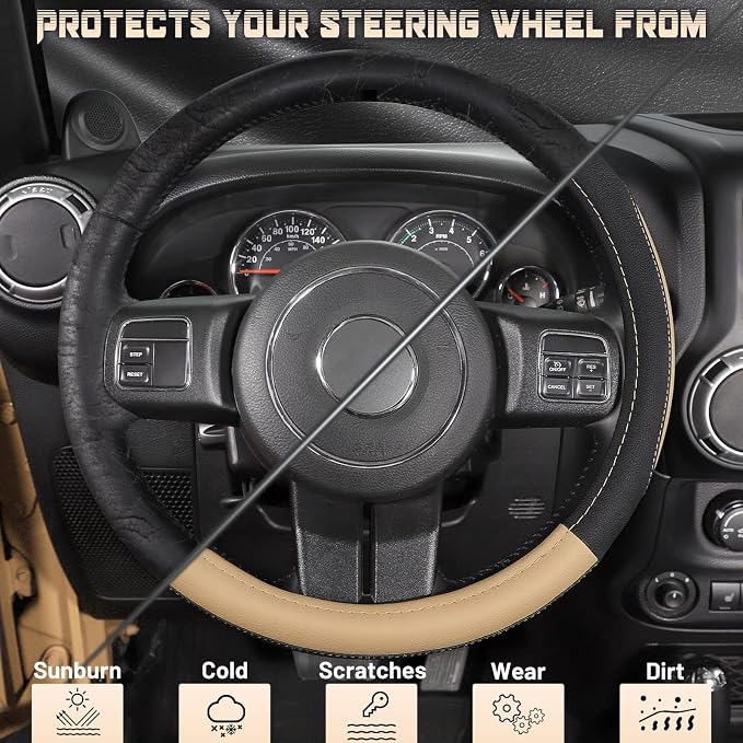 Car Steering Wheel Cover for F-150 Tundra Range Rover 15.5-16 inch, Black and Beige Microfiber Leather