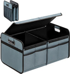 Car Trunk Organizer with Lid, Collapsible 2 Compartment Automotive Storage Box, 600D Waterproof Oxford Polyester 50L Travel Accessories, Anti-slip & Leak-proof, Grey-Green
