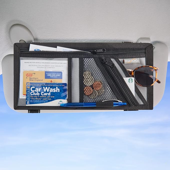 Car Visor Organizer with Zippered Pockets, Sunglasses Sleeve and Clear Photo or Registration and Insurance Pocket - Heavy Duty Straps Fit Most Car, SUV and Truck Visors - Gray